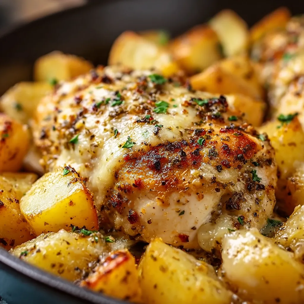 Close-up image showcasing the delicious, creamy sauce and golden-brown crust of Garlic Parmesan Chicken.