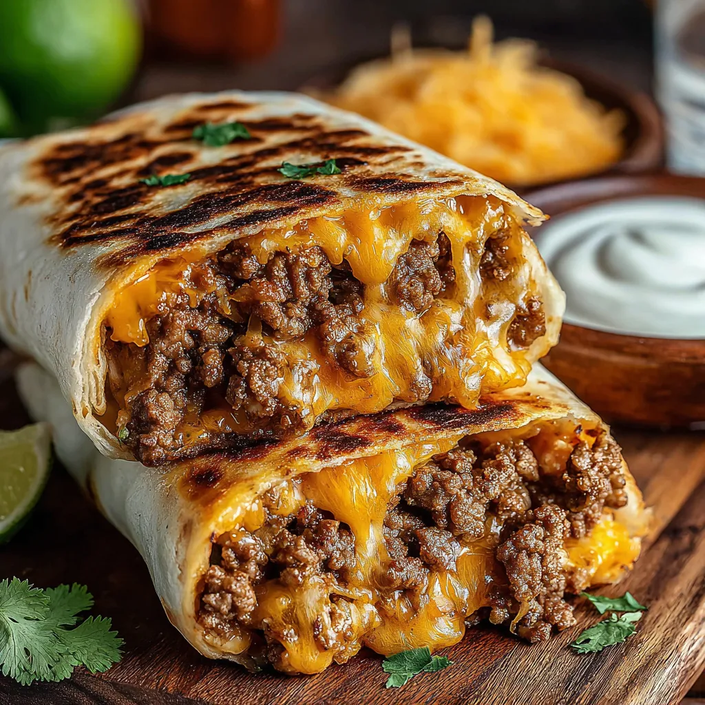 Close-up of a delicious Grilled Cheese Burrito, showcasing its melted cheese and warm tortilla.
