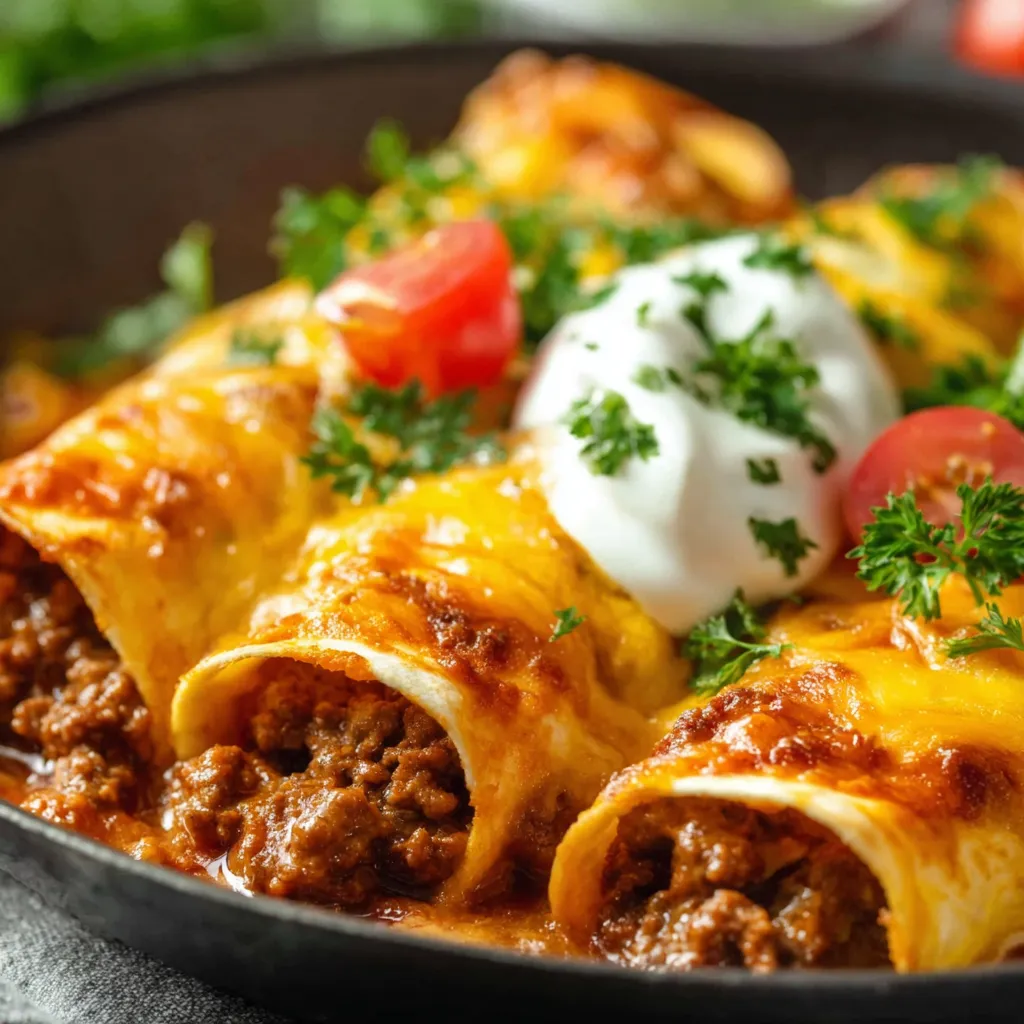 Close-up showing a pan of cheesy Ground Beef Enchiladas, ready to serve.