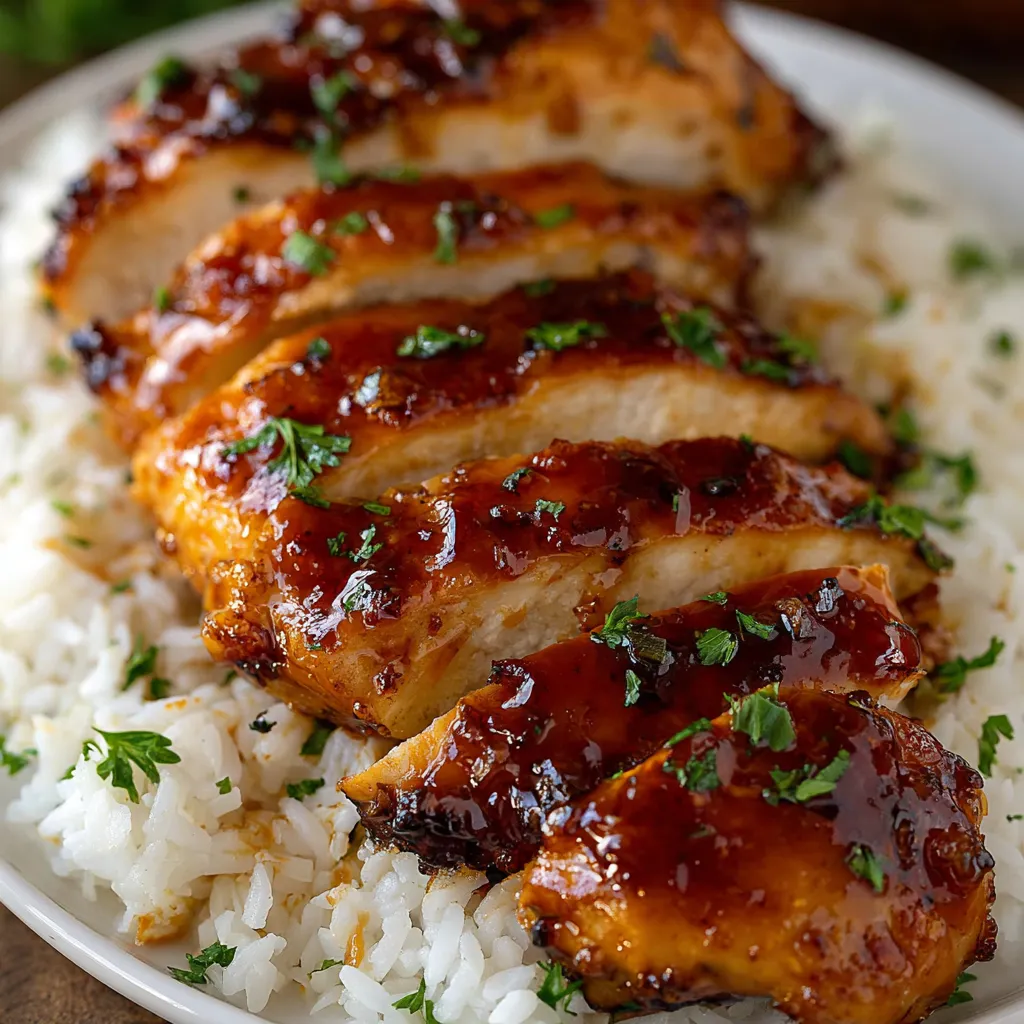 Close-up shot of perfectly glazed Honey Garlic Chicken Breasts, ready to be served.