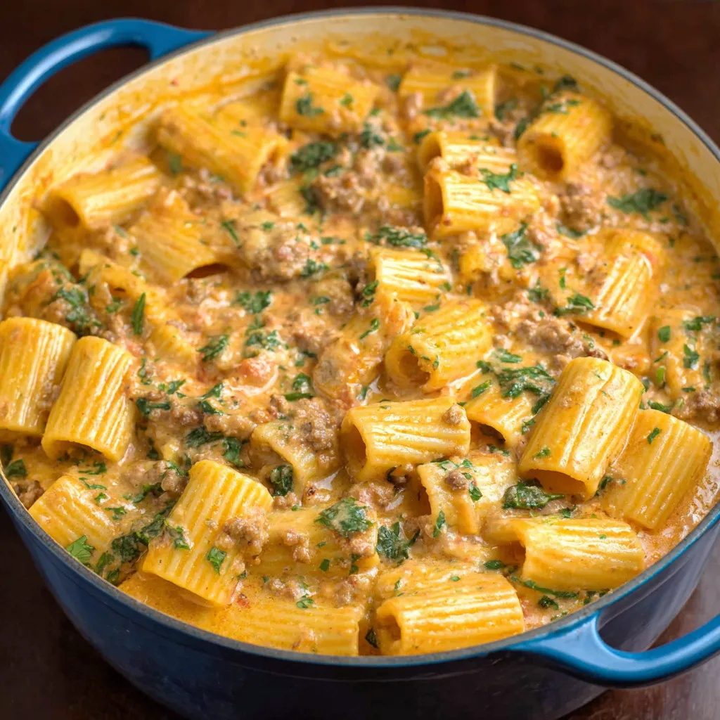 A close-up shot showcases a serving of flavorful Italian Sausage Rigatoni, highlighting the rich tomato sauce and perfectly cooked pasta.