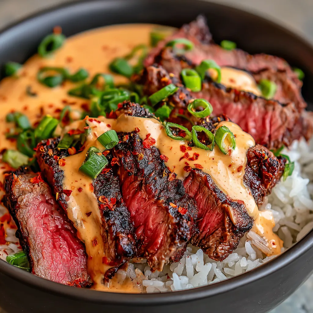 A close-up shot of vibrant and flavorful Korean BBQ Steak Rice Bowls showcasing the marinated steak, colorful vegetables, and fluffy rice.