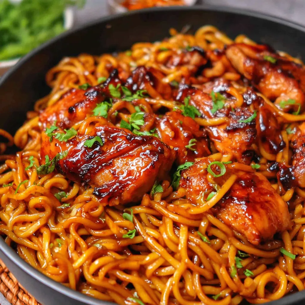 Close-up of flavorful Sticky Garlic Chicken Noodles, showcasing the glistening sauce and tender chicken.