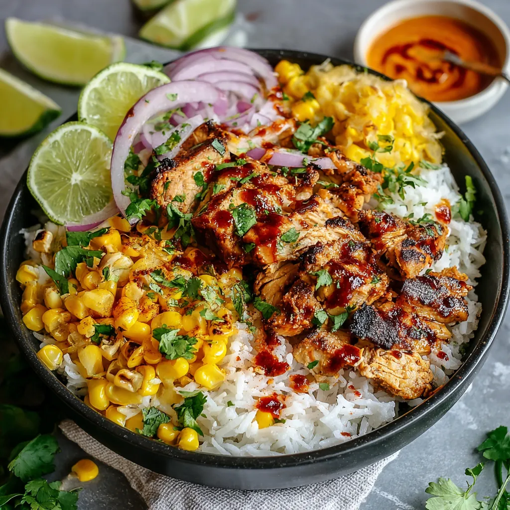 A close-up shows the vibrant ingredients of a delicious Street Corn Chicken Rice Bowl, highlighting grilled chicken, corn, rice, and toppings.