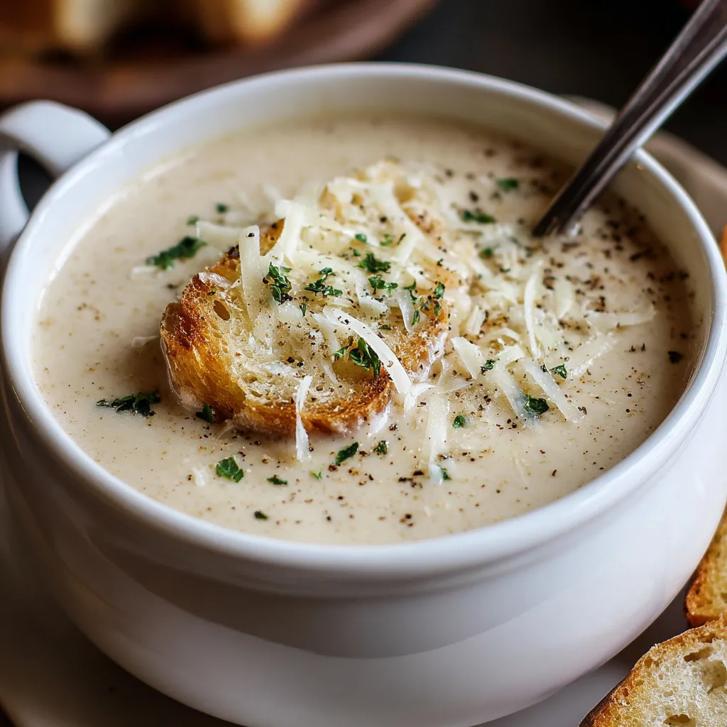 Close-up of creamy Tuscan Parmesan Cream Soup, showcasing its rich texture and inviting aroma.