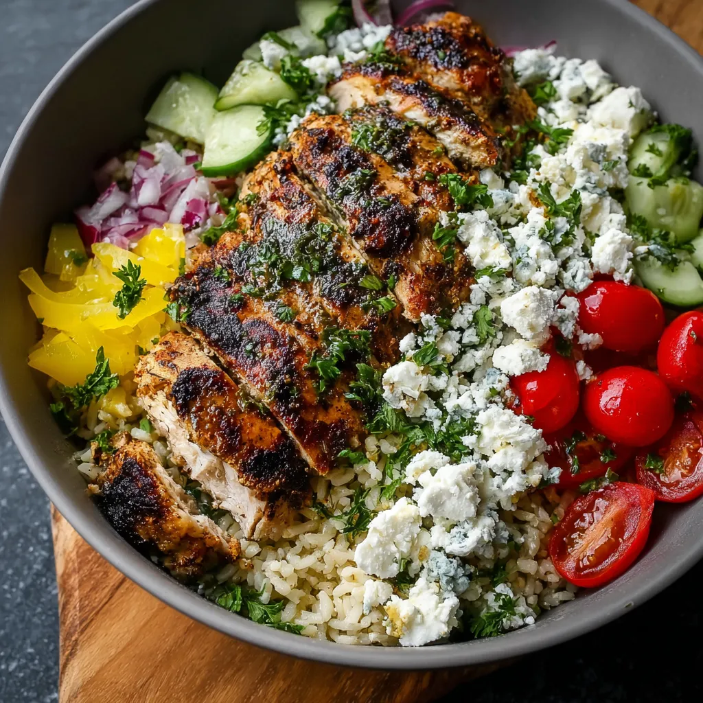 Close-up of a delicious Mediterranean Chicken Rice Bowl, showcasing the vibrant colors and fresh ingredients.