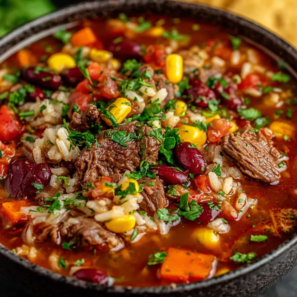 Close-up of savory Mexican Beef And Rice Soup in a bowl, ready to be enjoyed.