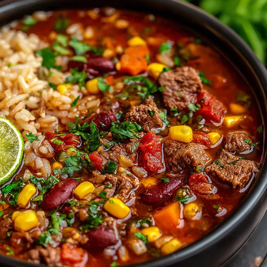 Close-up of a steaming bowl of Mexican Beef & Rice Soup, showcasing the rich broth and tender beef.