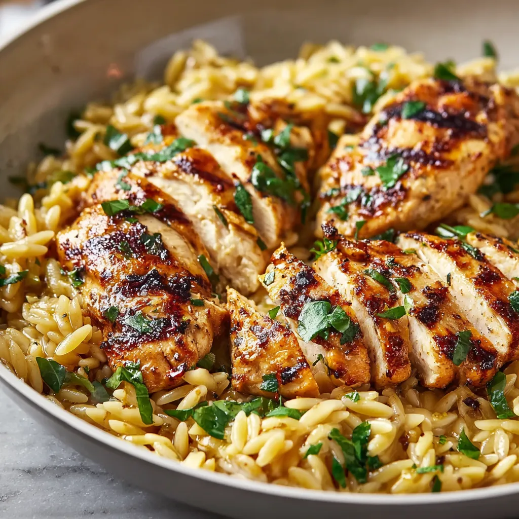 A close-up shot showcases the delicious Orzo Chicken dish, highlighting the pasta and tender chicken pieces.