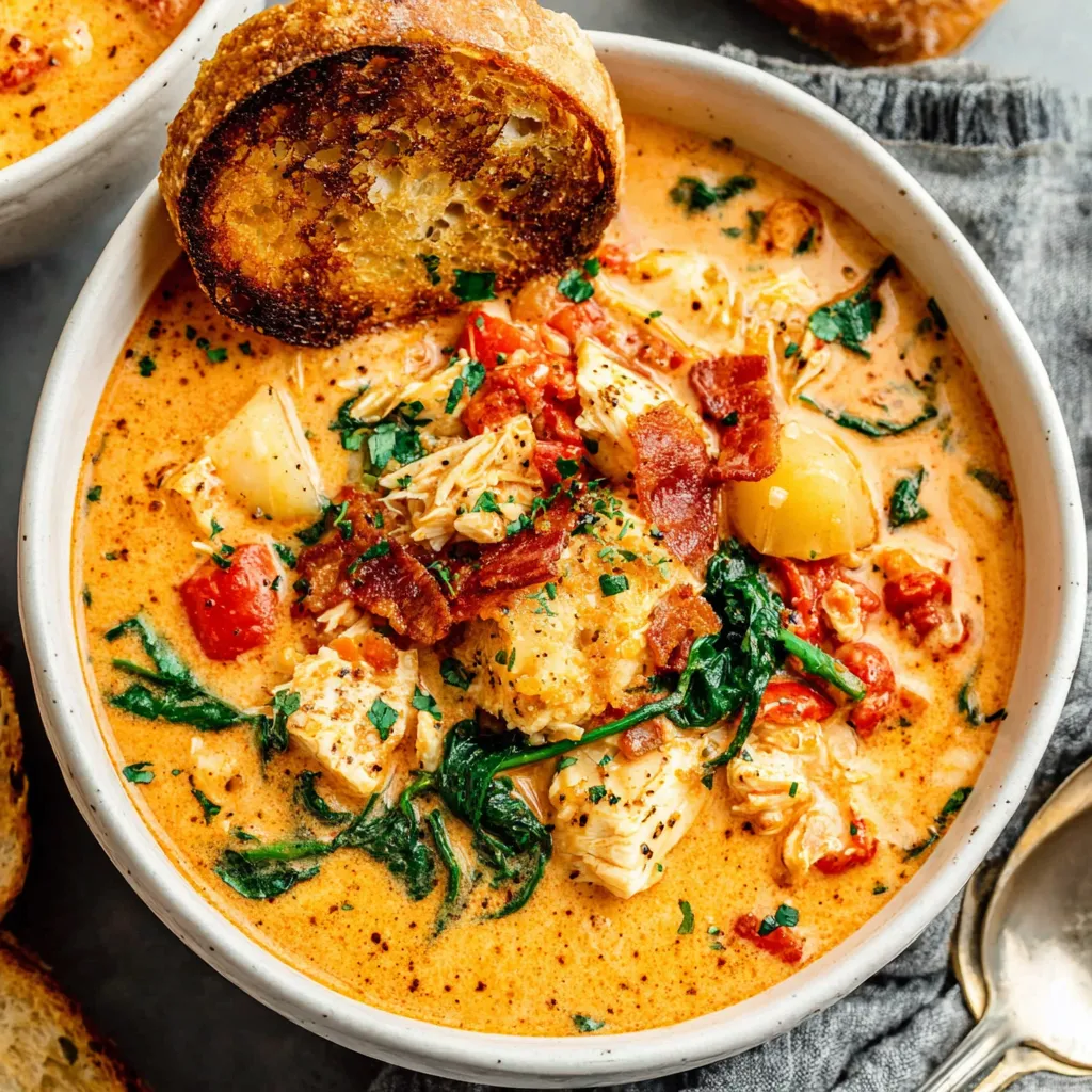 A close-up shot showcasing the creamy texture and rich ingredients of a comforting bowl of Marry Me Chicken Soup.
