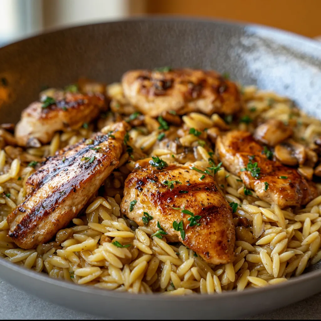 Close-up shot of delicious Marsala Chicken Orzo, showcasing the creamy sauce and perfectly cooked orzo pasta.
