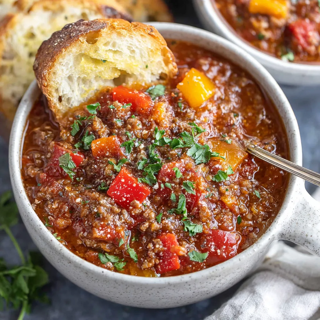 Close-up shot of a vibrant bowl of Stuffed Pepper Soup, showcasing the colorful mix of peppers, tomatoes, and rice.