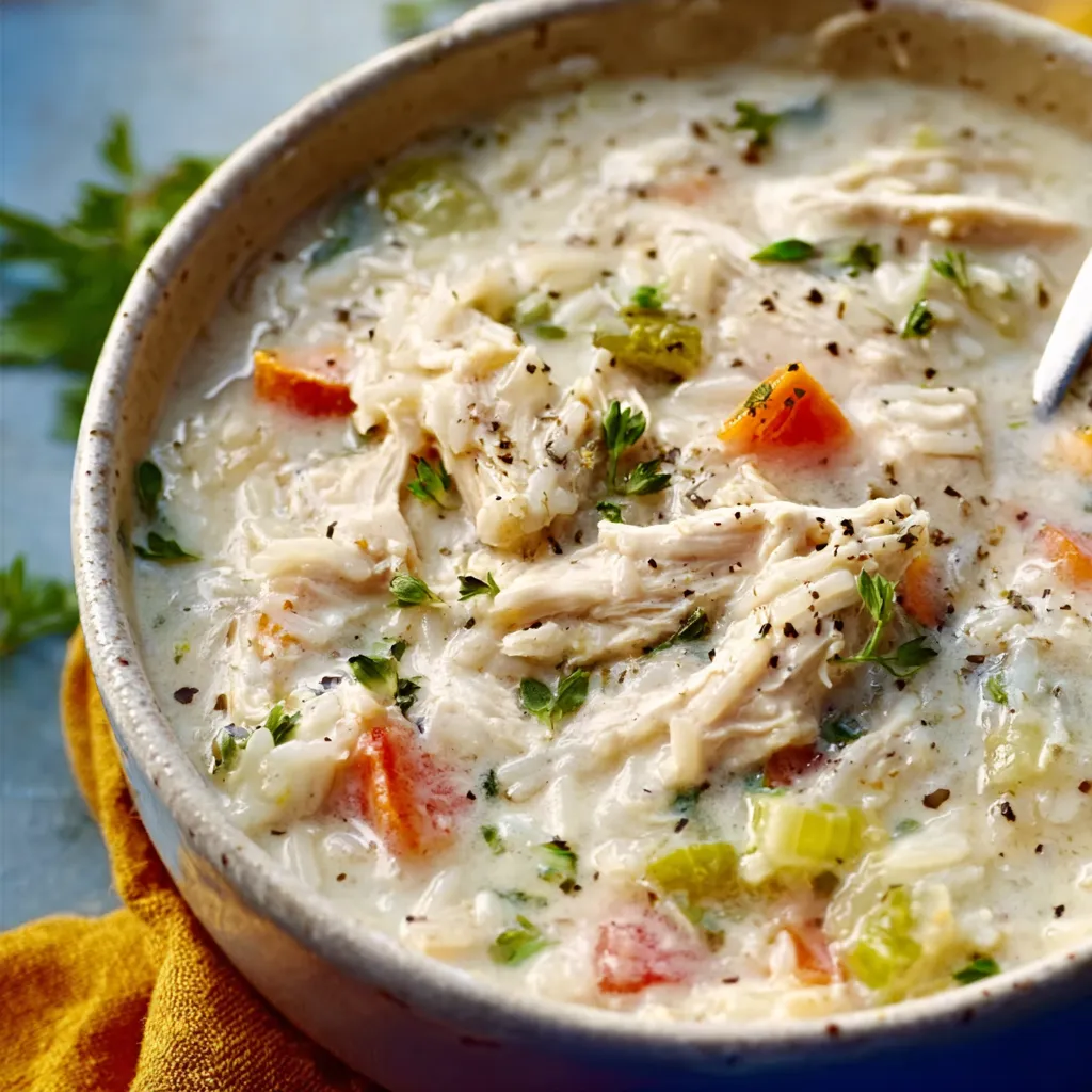 A close-up shot of a bowl of creamy White Chicken Rice Soup, showcasing its comforting texture and ingredients.