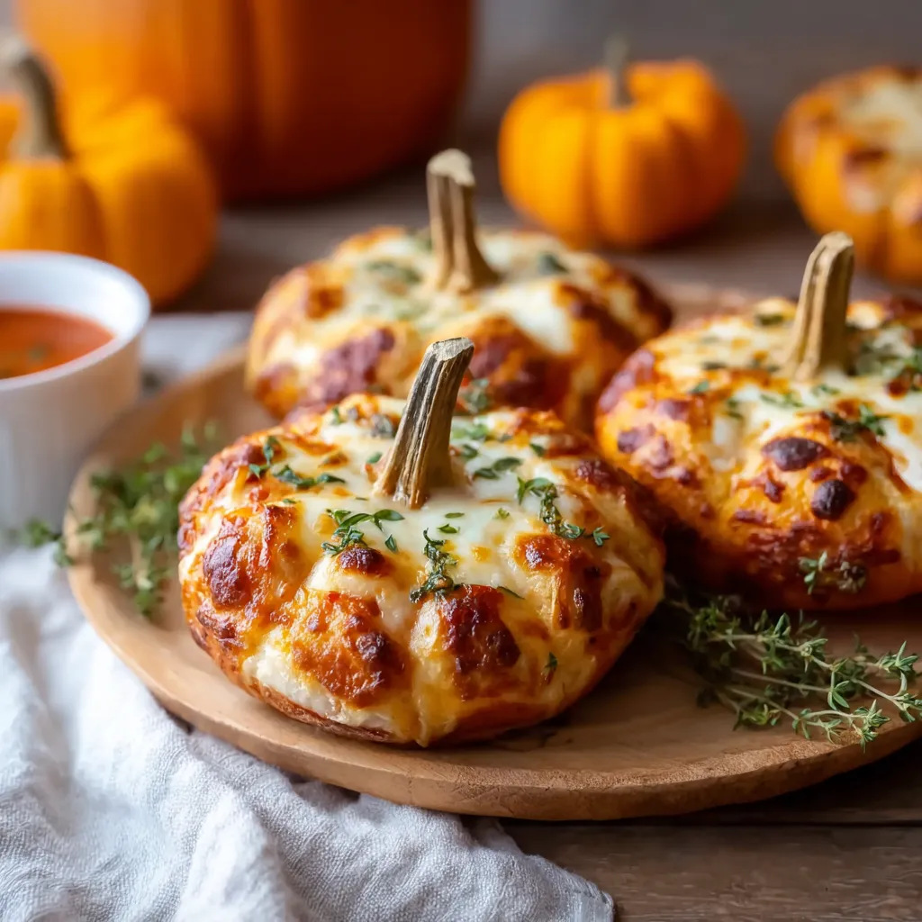 Close-up of Pizza Stuffed Pumpkins, showcasing melted cheese and pepperoni inside a pumpkin.