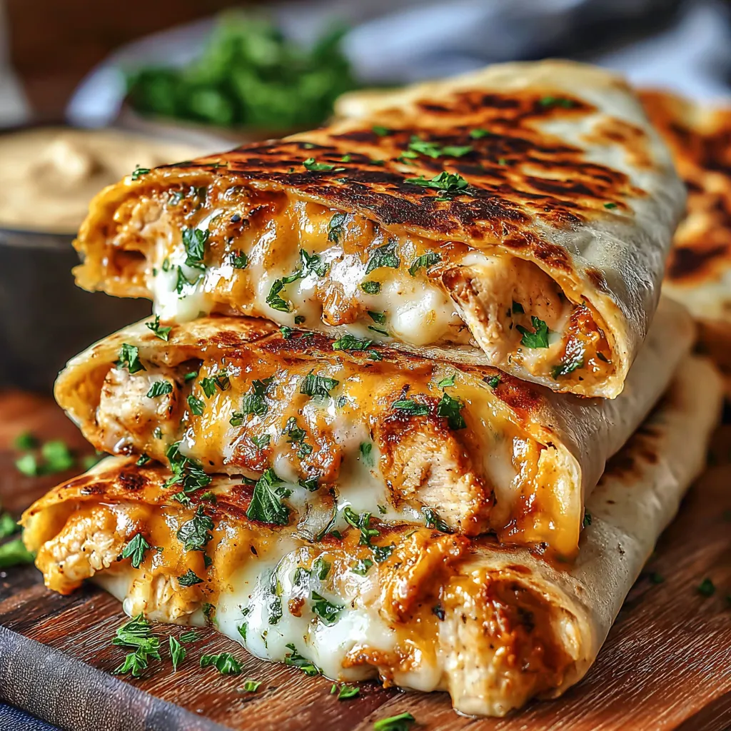 A close-up shot of cheesy garlic chicken wraps cut in half, showcasing the melted cheese and seasoned chicken filling.