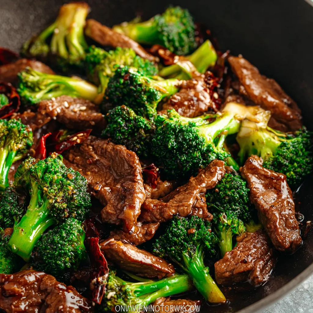 Close-up shot of delicious homemade Chinese Beef And Broccoli served in a white bowl, ready to eat.