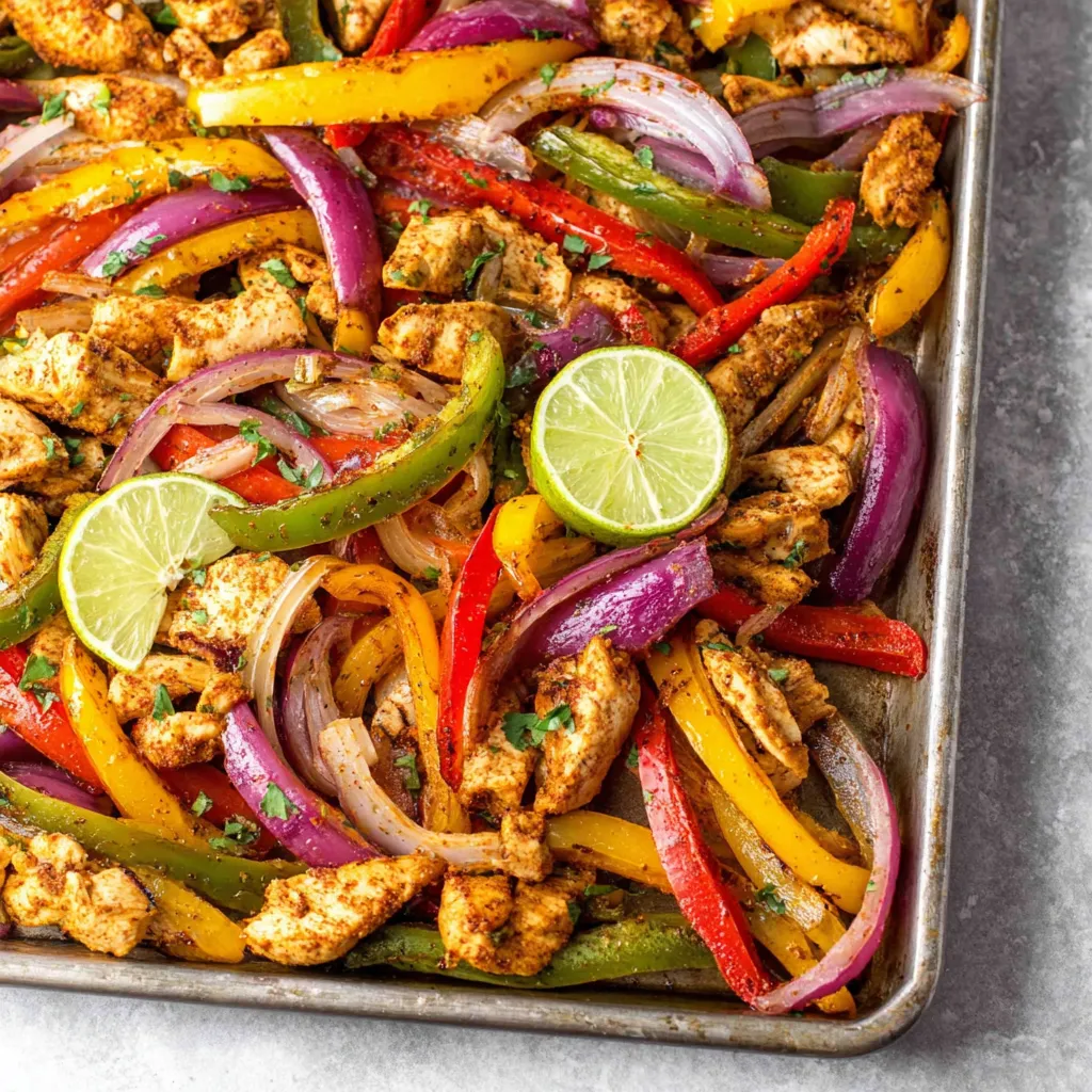 Close-up showing the vibrant colors of Sheet Pan Chicken Fajitas fresh out of the oven, ready to be assembled into delicious fajitas.