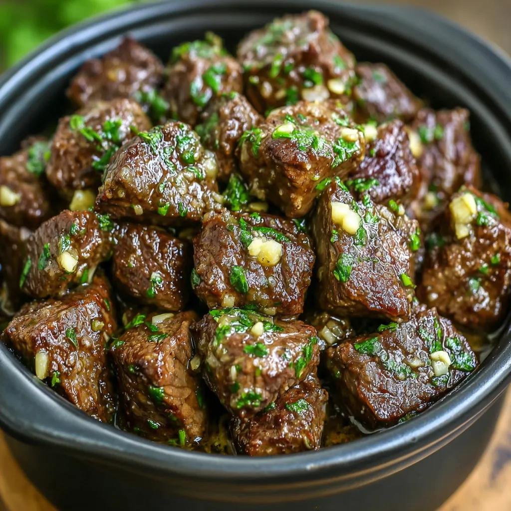 Close-up of tender, flavorful Slow Cooker Garlic Butter Beef Bites ready to be served.
