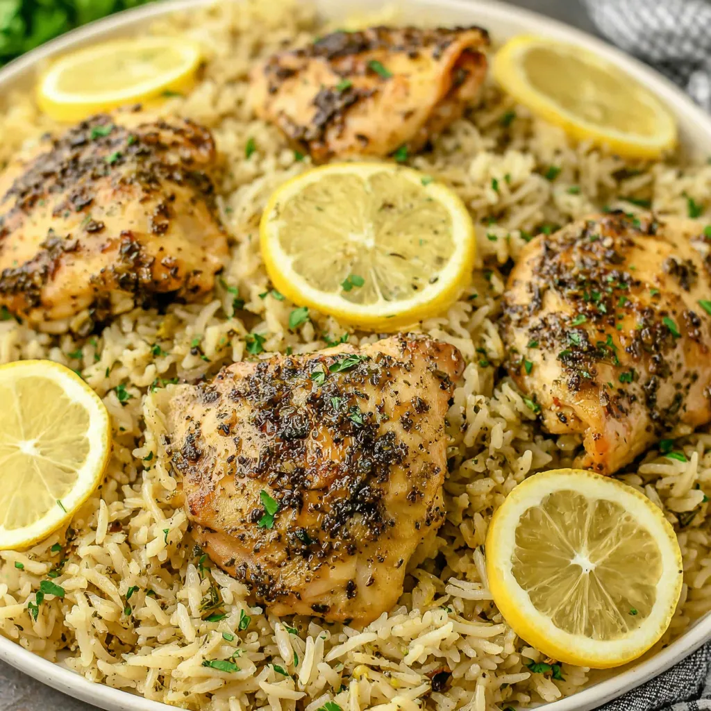 Close-up showing a delicious serving of Slow Cooker Lemon Herb Chicken & Rice.