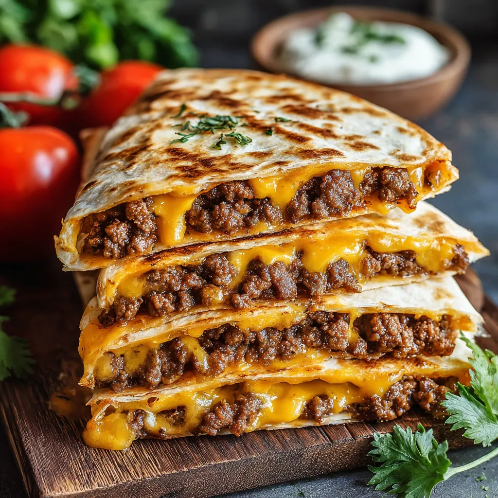 A close-up shot reveals the cheesy, melty goodness inside flavorful Smashburger Quesadillas.
