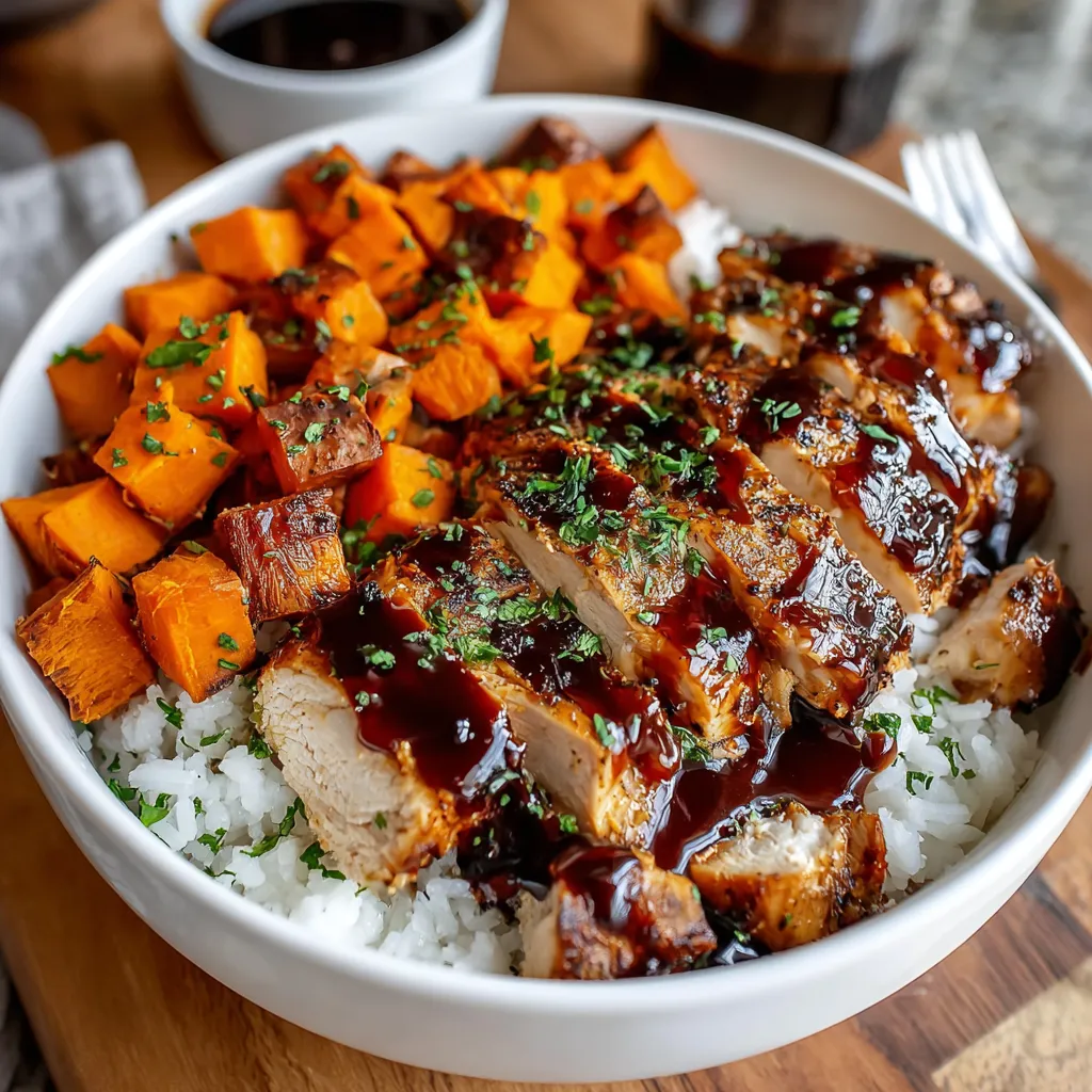 Close-up of a delicious Smoky BBQ Chicken Sweet Potato Bowl showcasing the vibrant colors and textures of the ingredients.