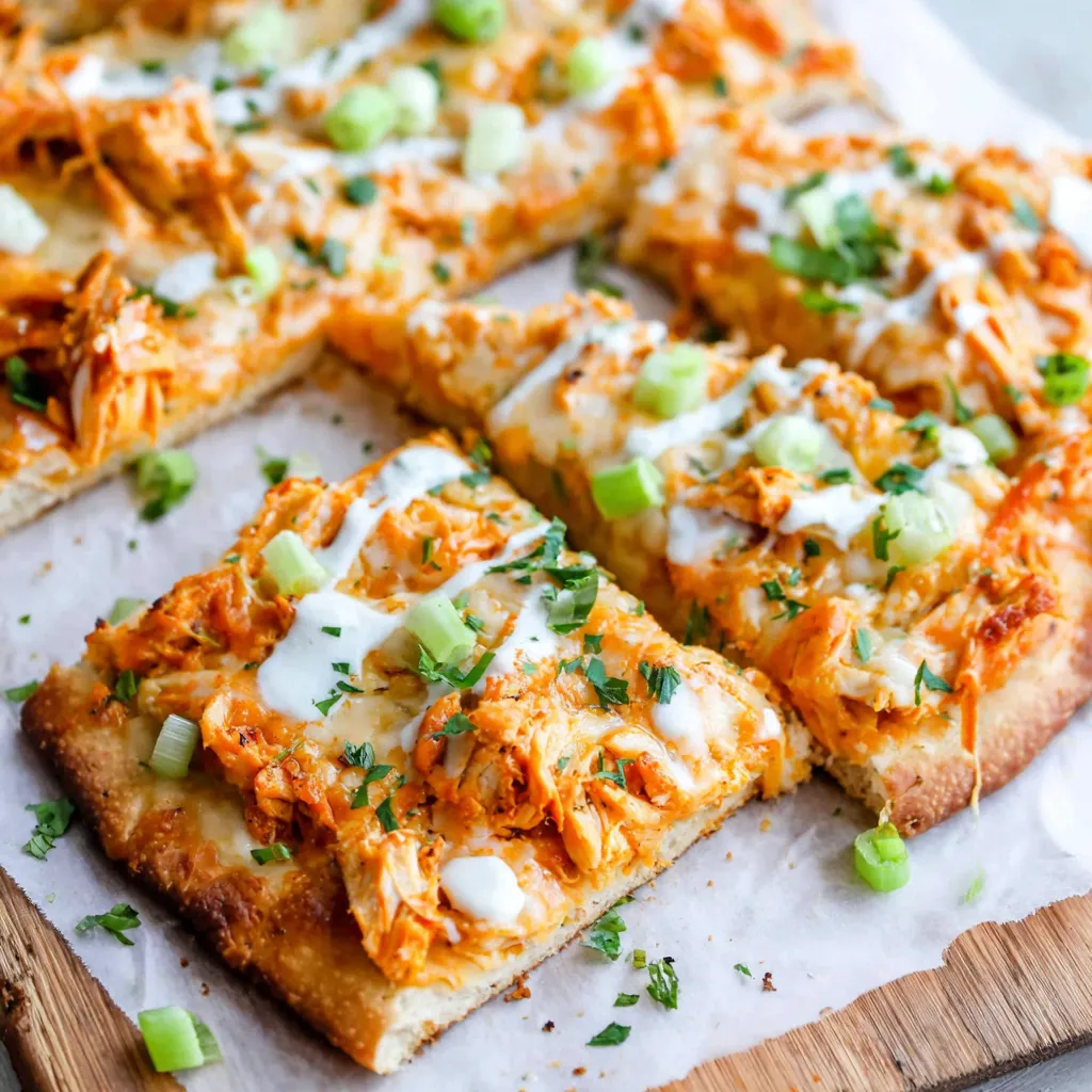 A close-up shot showcases the delicious Spicy Buffalo Chicken Flatbread, highlighting its melted cheese, spicy buffalo sauce, and tender chicken.