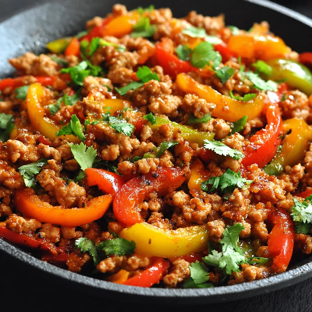 Close-up shot of the finished Spicy Ground Turkey and Peppers Stir-Fry, showcasing the vibrant colors and textures of the dish.