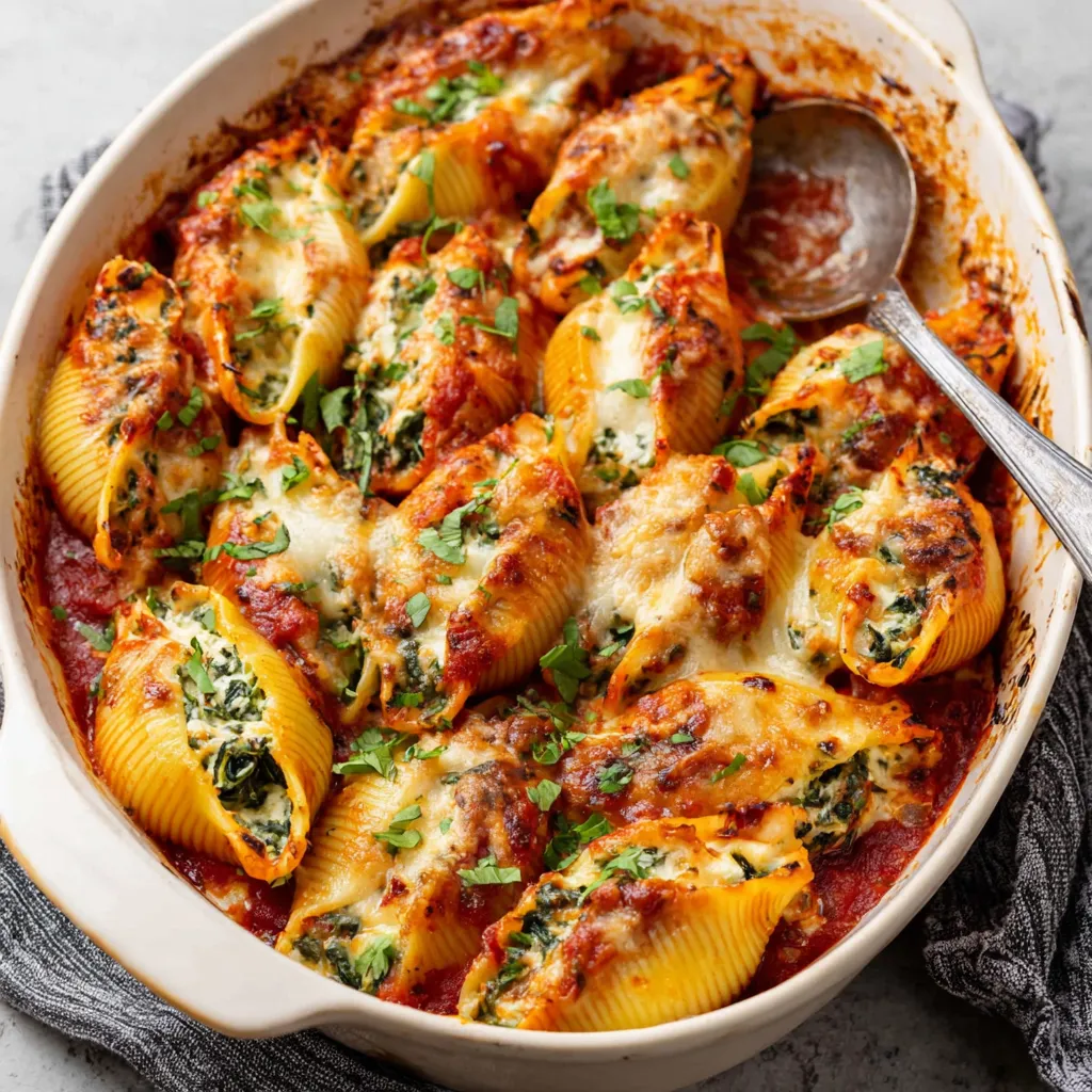 Close-up of freshly baked Spinach Ricotta Stuffed Shells, showcasing the golden-brown pasta and cheesy filling.