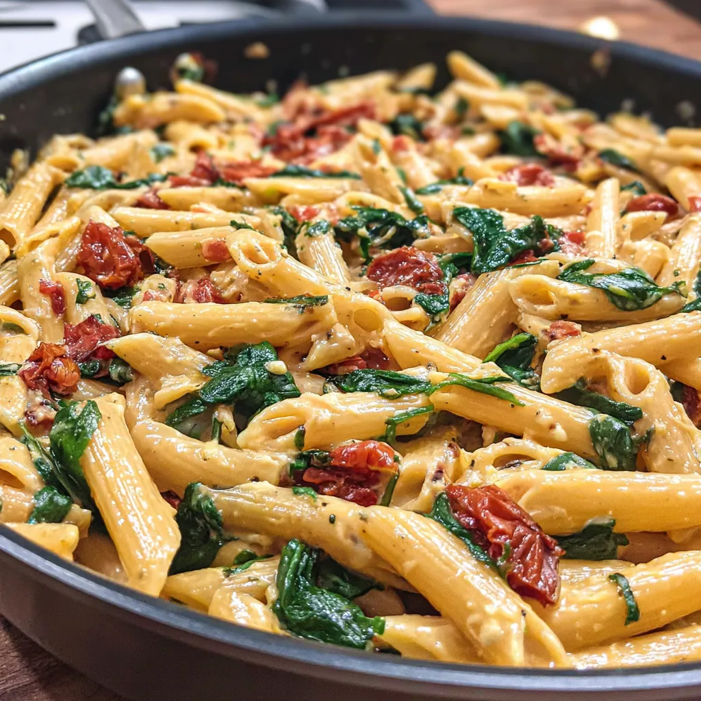 Close-up of delicious Spinach Tomato Pasta, a healthy and flavorful meal.