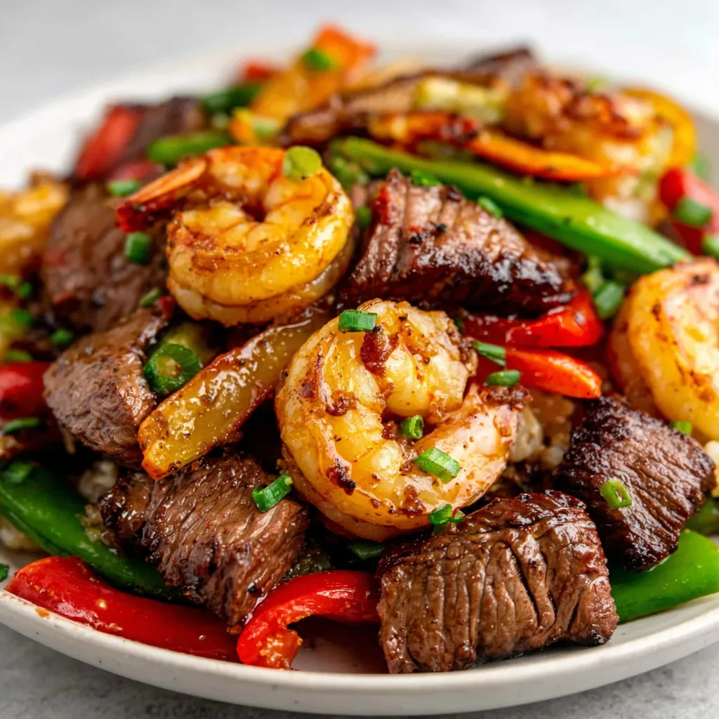 Delicious Steak And Shrimp Stir Fry is showcased in this flavorful close-up shot.