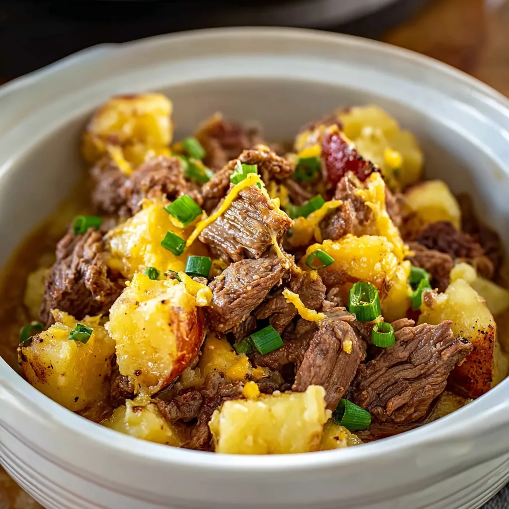 Close-up view of a delicious Steak Cheddar Potato Casserole, showcasing the cheesy, savory layers in a second image for the recipe article.