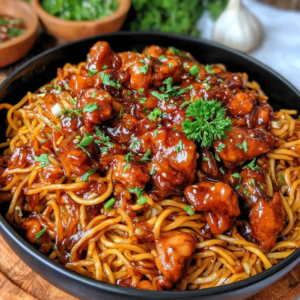 Close-up of delicious Sticky Garlic Chicken Noodles, showcasing the glistening sauce and tender chicken.