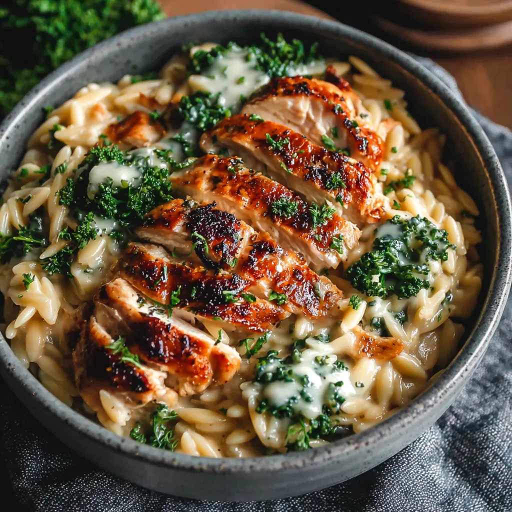 Close-up of a freshly baked Cheesy Chicken Broccoli Orzo Bake with golden brown cheese bubbling on top.