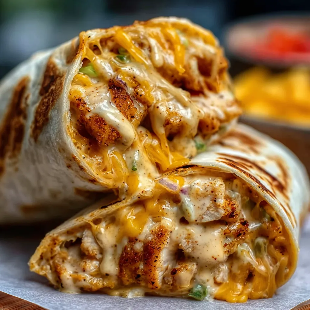 Close-up shot of Cheesy Garlic Chicken Wraps, showcasing the melted cheese and juicy chicken filling.