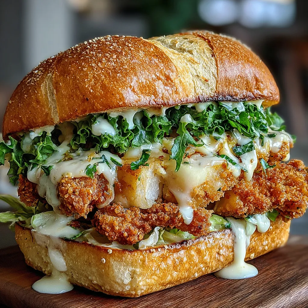 Close-up view of a delicious Chicken Caesar Sandwich, highlighting the layers of grilled chicken, crisp romaine lettuce, and creamy Caesar dressing.