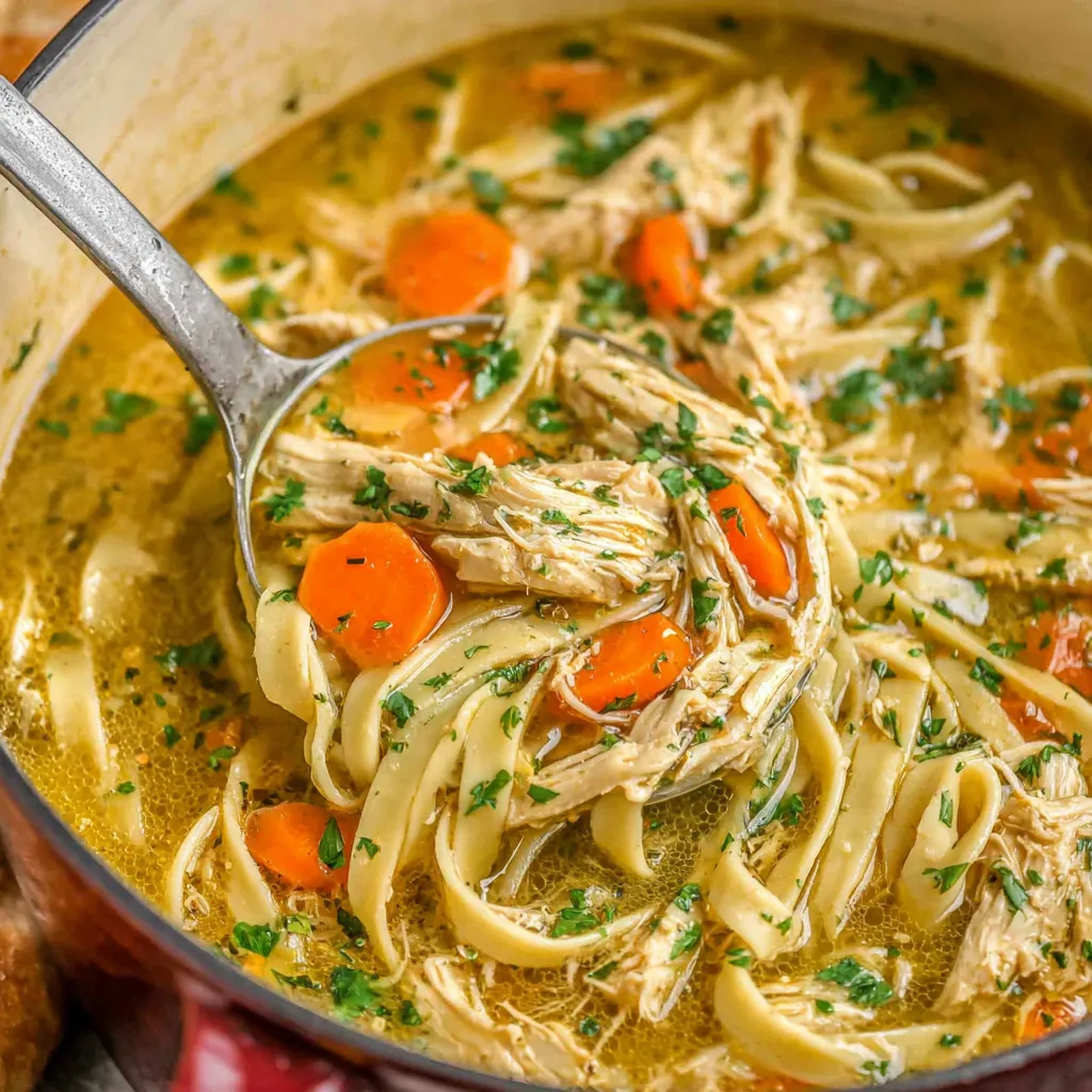 Close-up shot of a comforting bowl of homemade Chicken Noodle Soup, perfect for a chilly day.