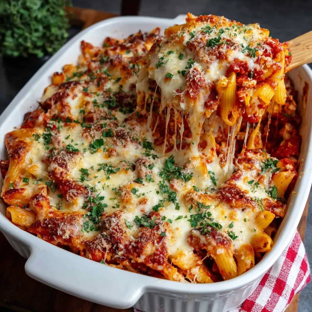 A close-up shot showcases a delicious-looking slice of Chicken Parm Casserole, revealing layers of melted cheese, breaded chicken, and savory tomato sauce.