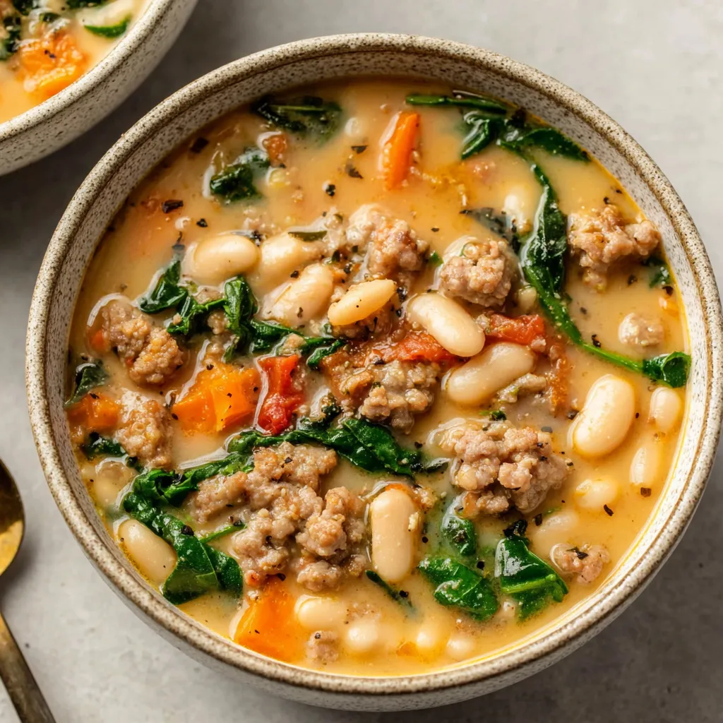 Close-up of a delicious bowl of Chicken Tortilla Soup with visible chicken, vegetables, and tortilla strips.