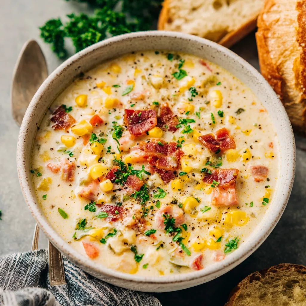 Creamy Corn Chowder served in a bowl, showcasing the hearty texture and fresh ingredients.