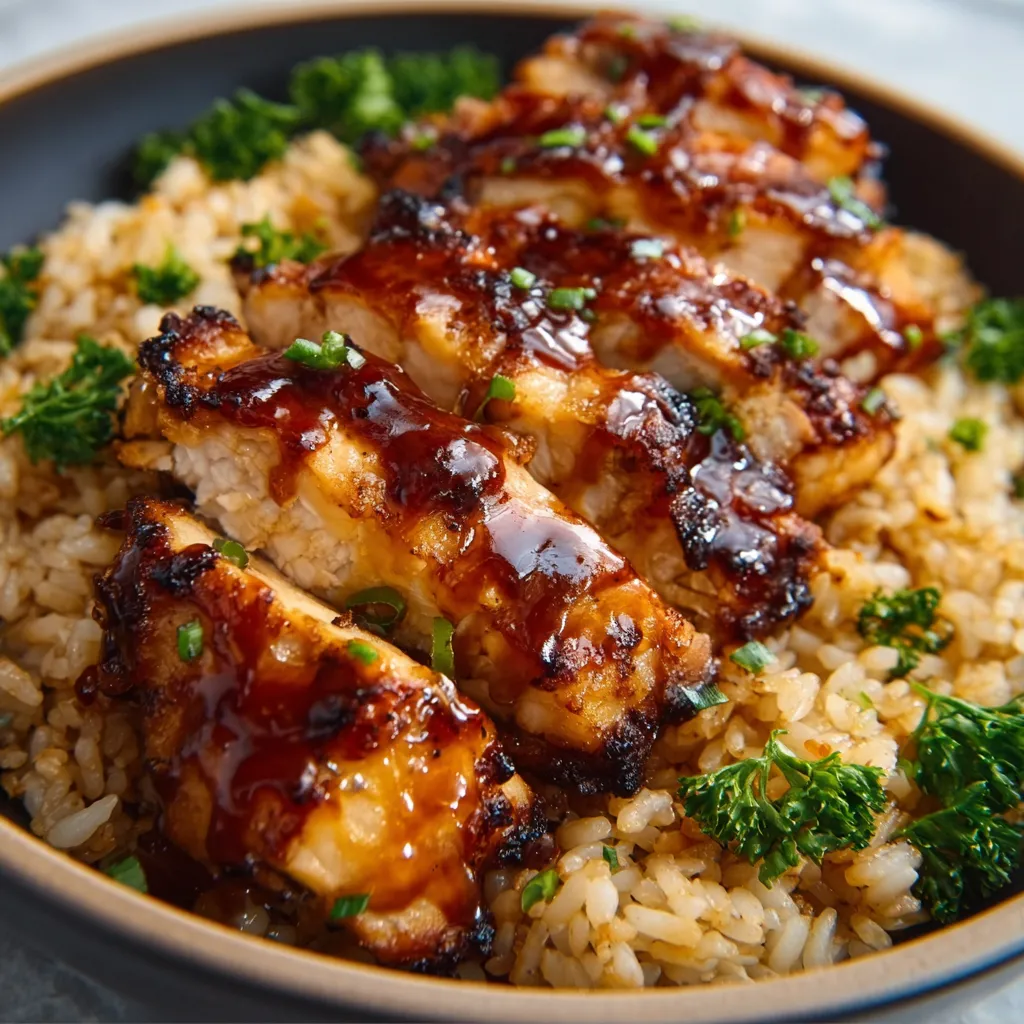 Close-up of a plate of delicious Honey BBQ Chicken Rice, showcasing the glaze and rice texture.