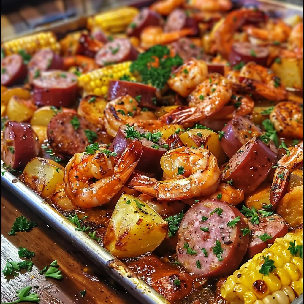 Close-up of a delicious Sheet Pan Shrimp Boil with shrimp, corn, potatoes, and sausage seasoned with Old Bay on a baking sheet.