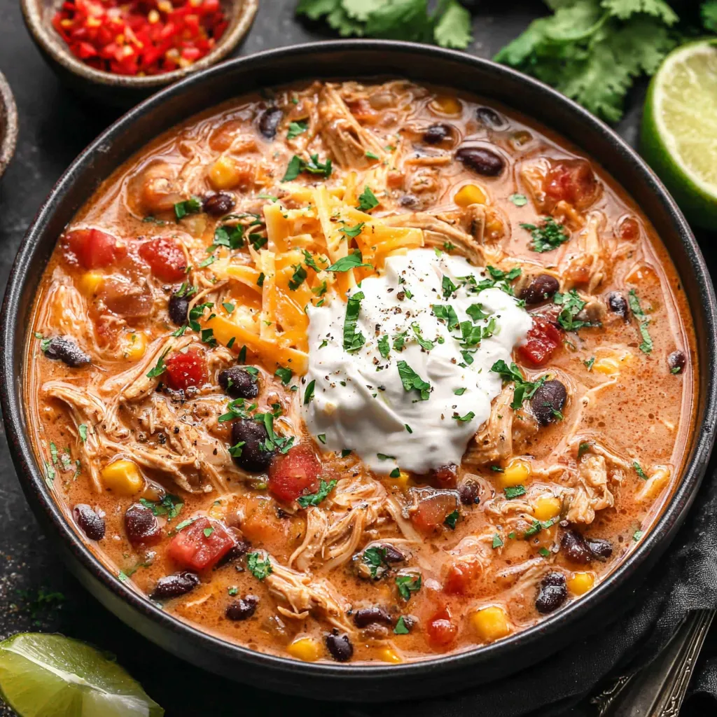 A delicious bowl of Chicken Taco Soup is shown as the featured image for this recipe.
