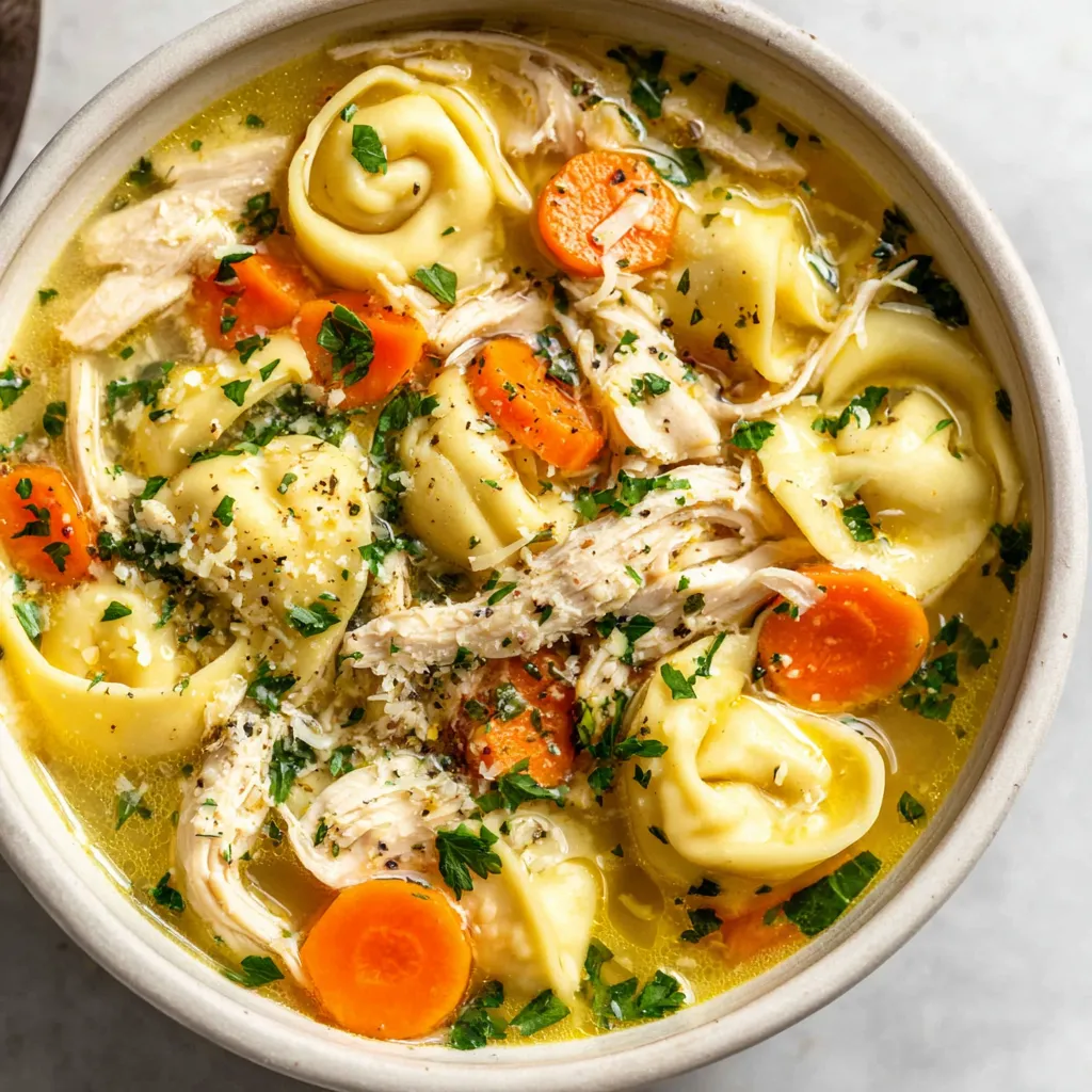 A comforting bowl of Chicken Tortellini Soup is featured in this image.