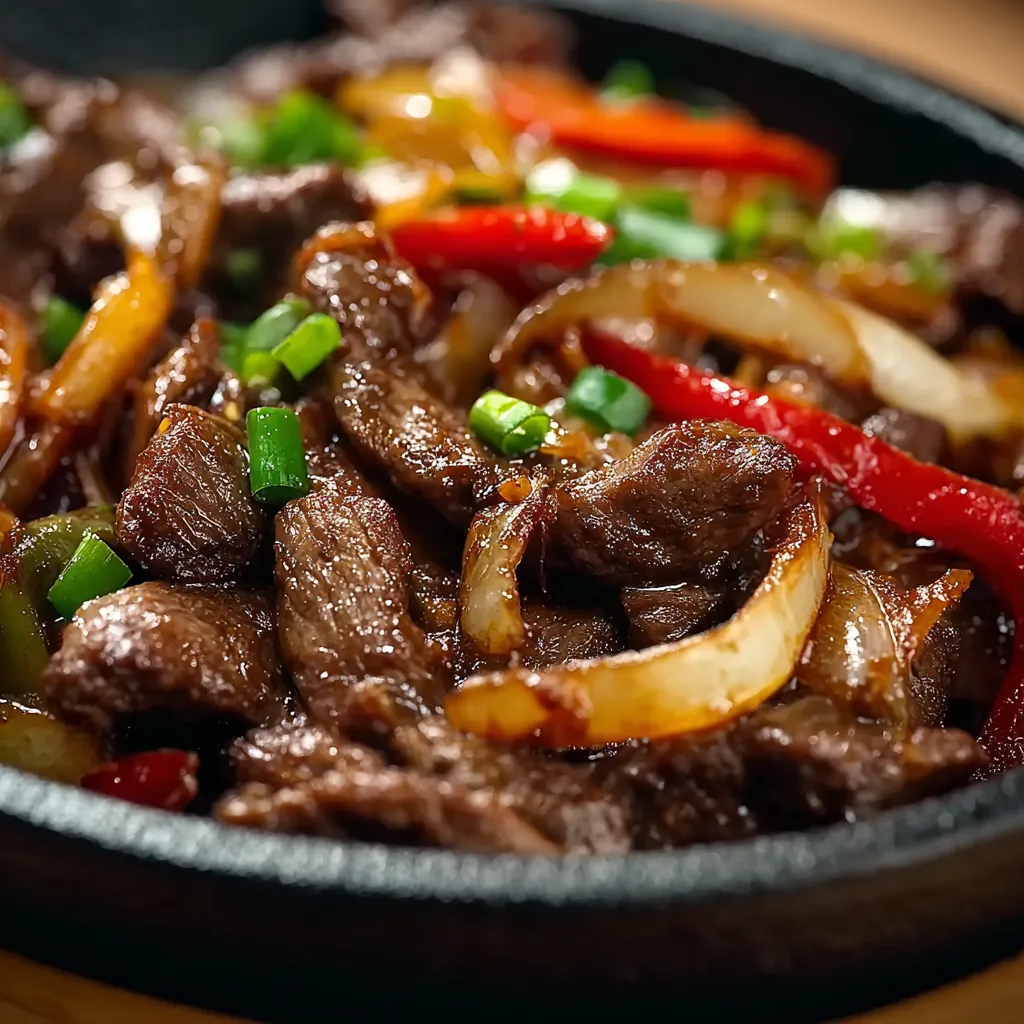 Close-up shot of flavorful Chinese Pepper Steak, a delicious and colorful Asian-inspired meal.