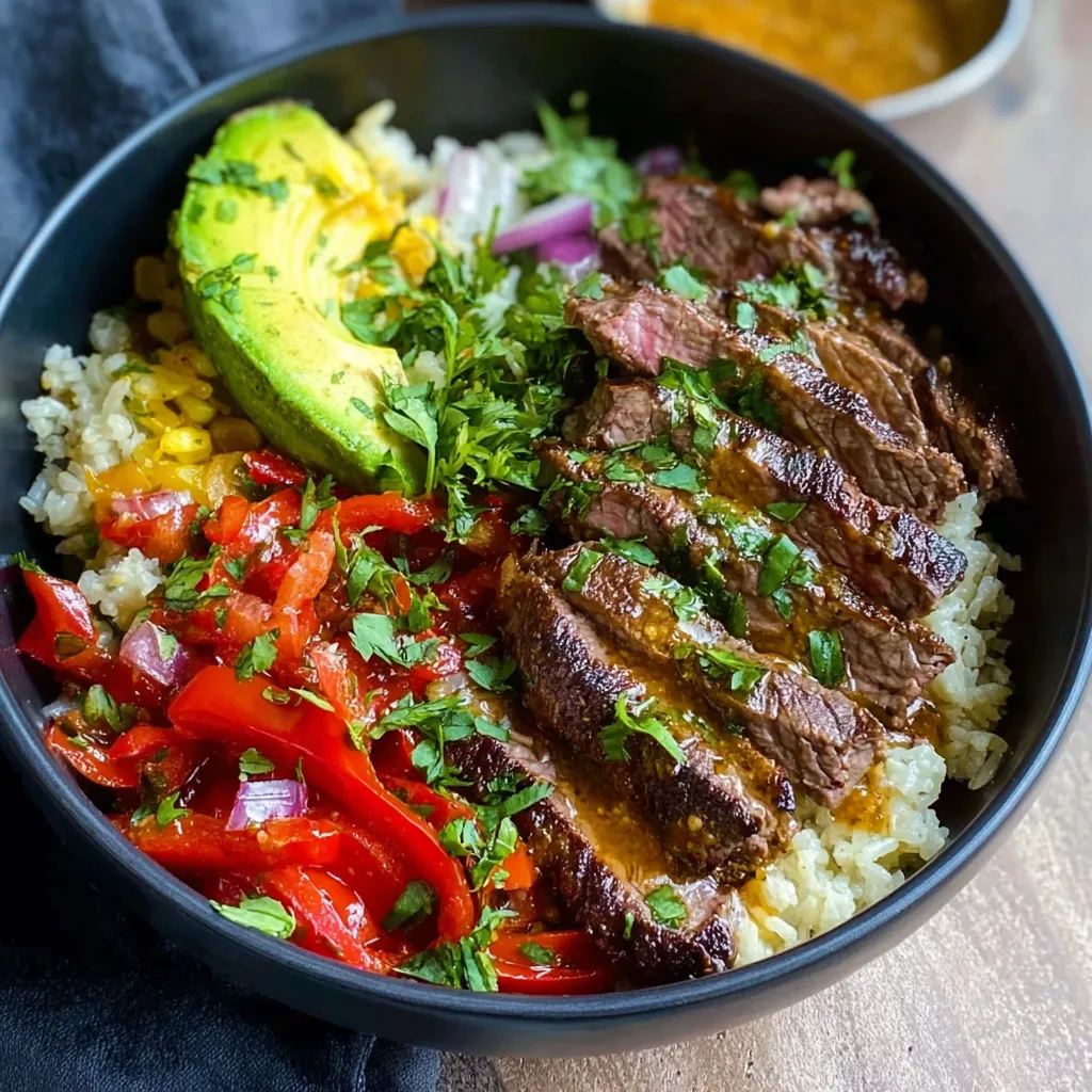Close-up of a delicious and vibrant Steak Fajita Bowl, showcasing perfectly grilled steak, colorful peppers, onions, and fresh toppings.