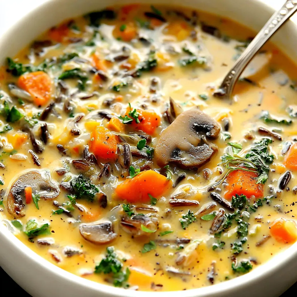Creamy Wild Rice Soup served in a rustic bowl, showcasing its hearty texture and inviting warmth.