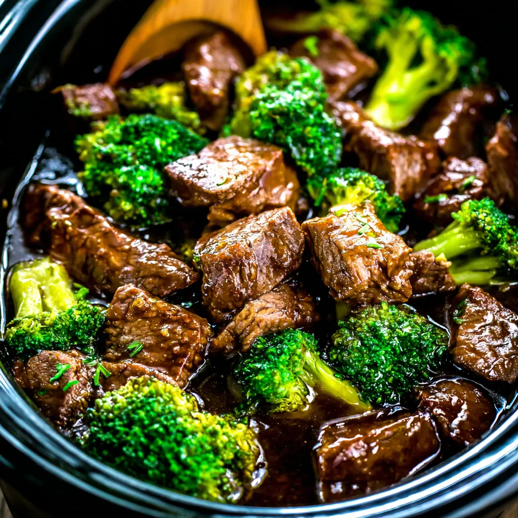 Crock Pot Beef & Broccoli slow cooked to perfection in a brown sauce with broccoli florets is shown as the featured image.