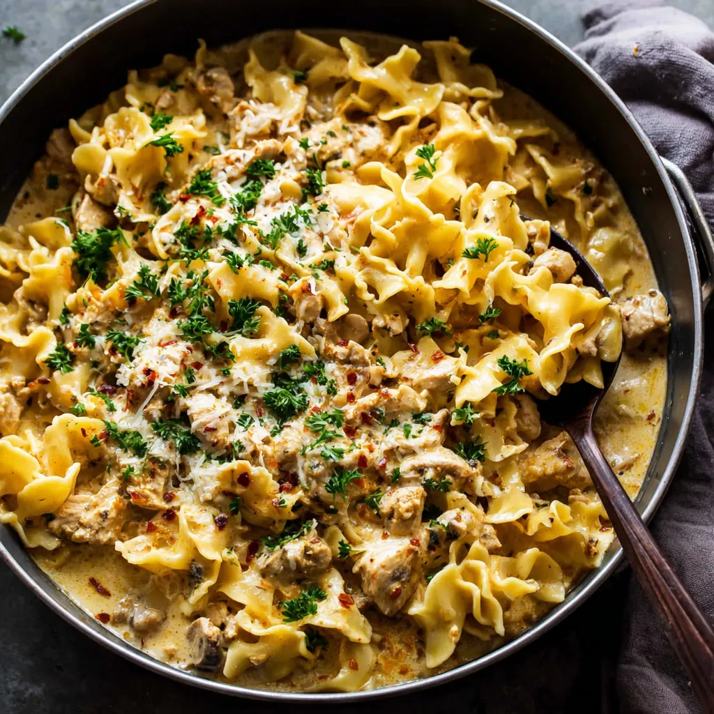 Delicious Turkey Stroganoff featuring creamy sauce and tender turkey pieces.