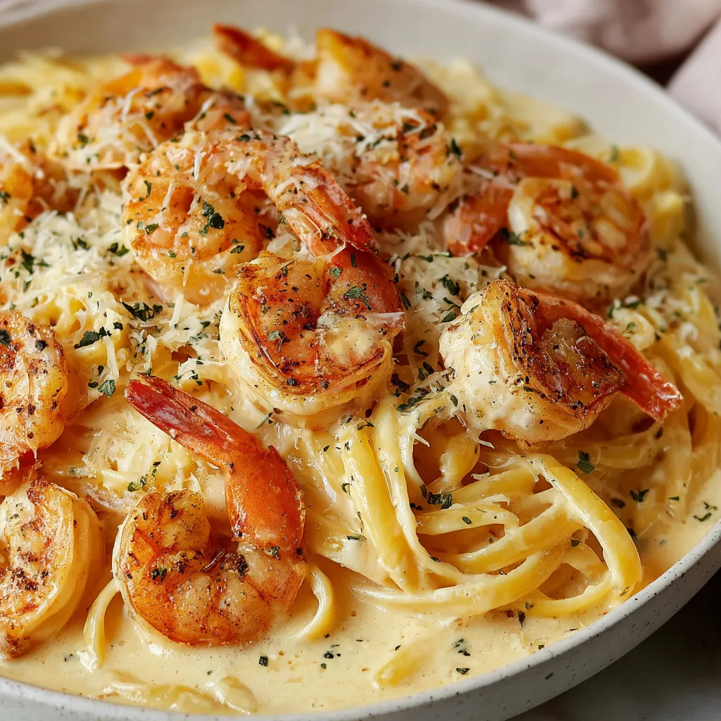 Close-up of a delicious Garlic Shrimp Pasta dish, showcasing plump shrimp and perfectly cooked pasta.