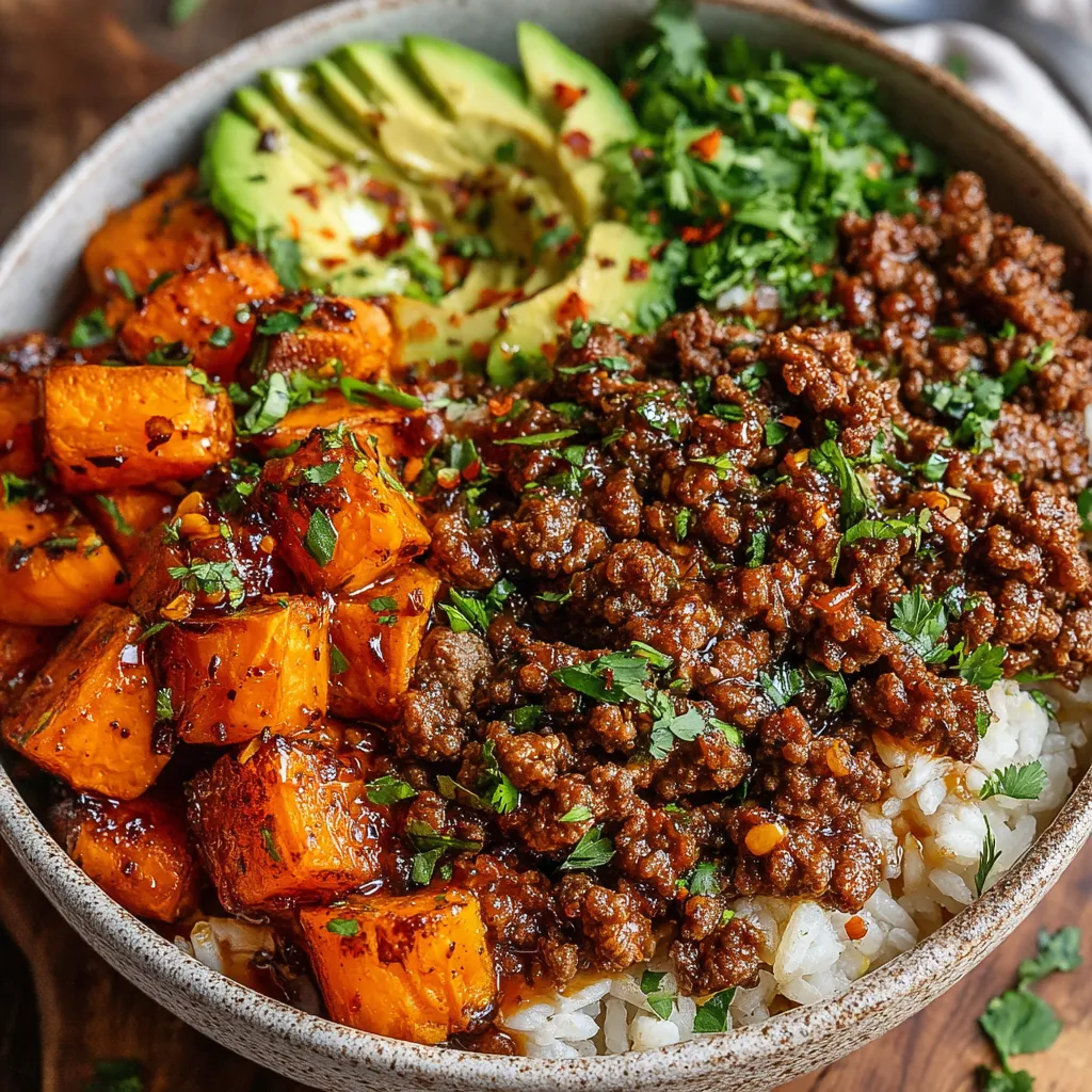 A delicious Ground Beef Hot Honey Bowl features seasoned ground beef drizzled with hot honey sauce, served over rice or grains.